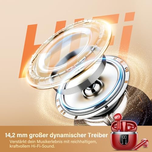 Ecouteurs Bluetooth sans Fil, Écouteurs Bluetooth 5.4, 4 ENC Réduction Bruit Mic, HiFi Stéréo, 45H de Lecture, Casque Contrôle Tactile, Écran LED, IPX7 Étanche Sport Oreillette pour iOS Android, Rouge - Image 6