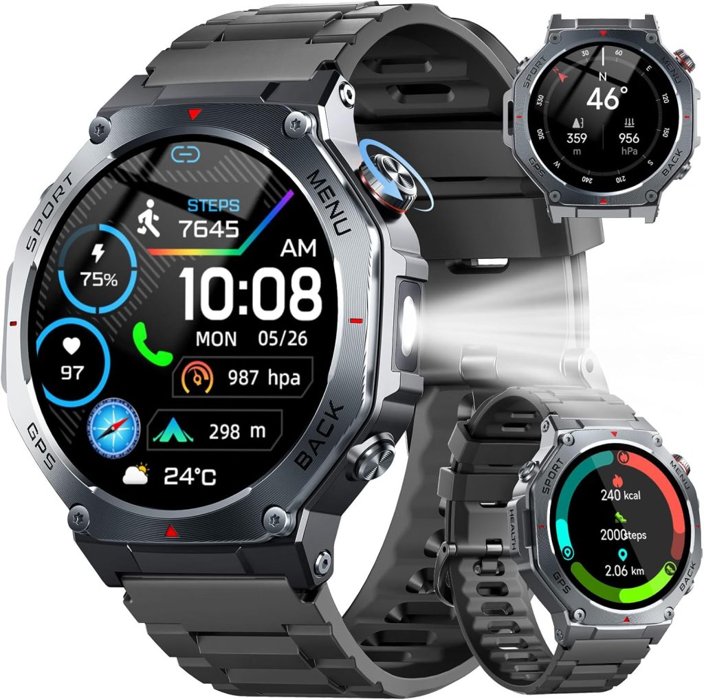 Montre Connectée Homme GPS, 1.43"AMOLED Smartwatch Torche LED 5ATM Étanche | Militaire Montre Sport Compass/GPS/SOS/Fréquence Cardiaque/Sommeil, Montre Intelligente Appel Bluetooth pour Android iOS Noir