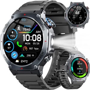 Montre Connectée Homme GPS, 1.43"AMOLED Smartwatch Torche LED 5ATM Étanche | Militaire Montre Sport Compass/GPS/SOS/Fréquence Cardiaque/Sommeil, Montre Intelligente Appel Bluetooth pour Android iOS Noir