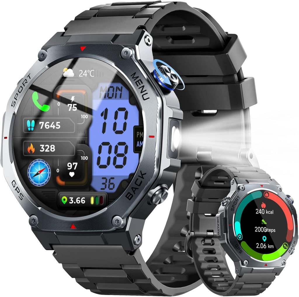 Militaire Montre Connectée Homme GPS, 1.43" AMOLED Smartwatch avec Appel Bluetooth, Étanche 5ATM, Montre Sport avec Podometre/Cardiofrequencemetre/Sommeil, 160+ Sportifs, Smart Watch pour Android IOS