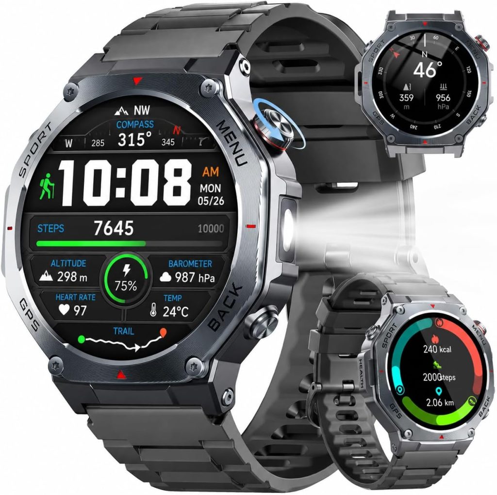 Montre Connectée Homme Femme GPS, 1.43" AMOLED Militaire Smartwatch Compass